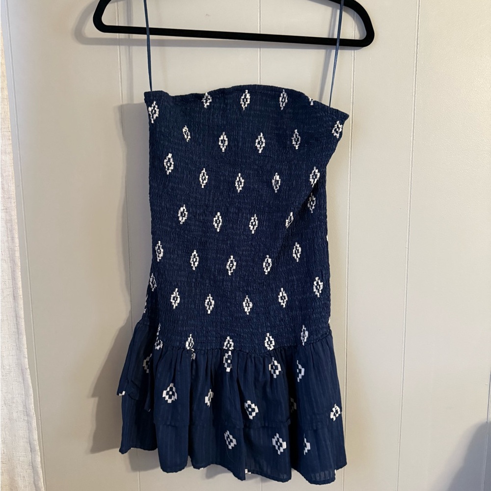 Navy Blue Strapless Dress with White Pattern